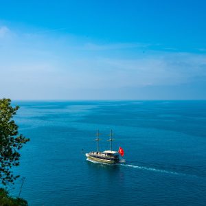 Antalya, Turkey. Sailing Ship For Sea Tours. Mediterranean landscape